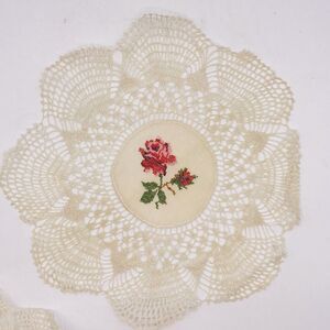 Hand Made Doilies W Counted Cross Stitch Roses Center Delicate Classic 13 Inch
